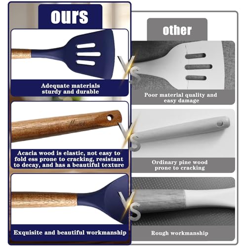 Non-Stick Silicone Kitchen Utensils Set with Natural Acacia Hard Wood Handle, 5 Piece, Midnight Blue, BPA Free, Baking & Serving Silicone Cooking Utensils - color: Midnight Blue