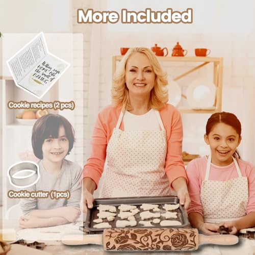 Floral Rose Embossed Rolling Pin for Baking Cookies Embossing Rolling Pins with Design Wooden Engraved Springerle Shortbread Roller Pin Flower Patterned Clay Pottery Ceramic Stamp Mold Bakers Women - color: Floral Rose