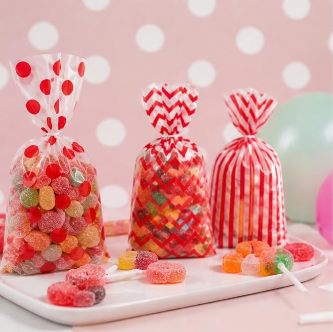 Capesaro 50 Pieces 10.6 x 5.1 In Red Cellophane Treat Bags Candy Gift Bag with Twist Ties Stripes Polka Dot Printed Pattern Goodie Bag for Birthday Weddings Party - color: Red-10.8'' x 5''