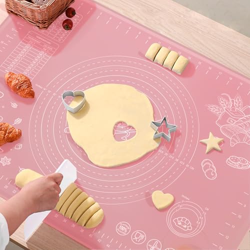 Silicone Pastry Mat 28" x 20" Extra Thick Non Stick Baking Mat with Measurements and Edge Heightening, Food Grade Silicone Rolling Mat for Pastry, Bread, Cookies, Pizza, Fondant, Pasta - Pink - color: Pink, size: 28"L x 20"W
