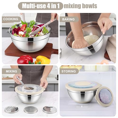 E-far Stainless Steel Mixing Bowls with Lids & Colander, 15PCS - color: Khaki