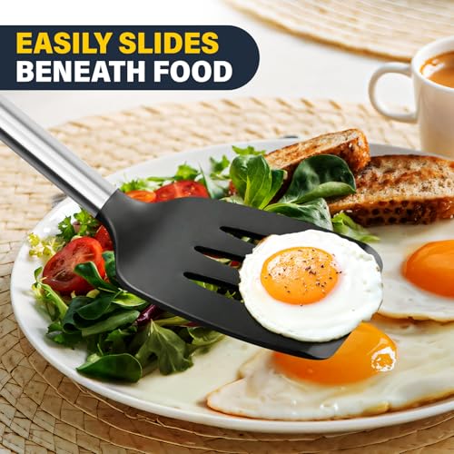 2 Pack Silicone Spatula Set, Solid & Slotted Turner for Non-Stick Pans - color: Black