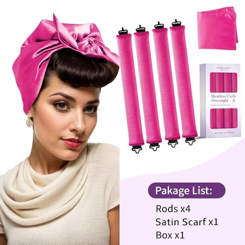 Heatless Curls Overnight Hair Curlers - 4 Pcs No-Heat Curling Rod to Sleep In,Velvet Hair Rollers with Satin Wrap - color: Rose Red(Pack of 4)