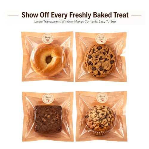 Cookie Bags with Seal, 100 Pack 7.1x7.5 Inch Bakery Bags with Window - size: 7.1 X 7.5in