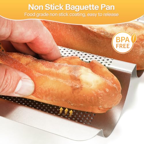2-Pack Baguette Bread Pan, 3-Slot French Bread Baking Tray, Golden - color: Gold