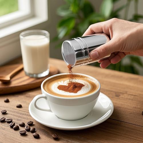 Powdered Sugar Shaker Duster, 2PCS Stainless Steel Cinnamon Shaker for Coffee Bar, Fine Mesh Dredge, Salt and Pepper Shakers for Soda, Cocoa, Cornstarch, Seasoning, 6 Ounce, with Lid