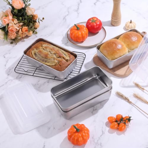 LIANYU 9 x 5 Inch Loaf Pan with Lid, Stainless Steel Bread Pan, Set of 4