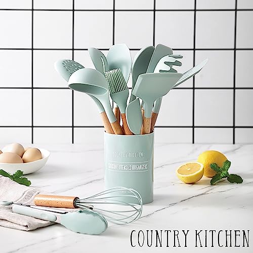 Country Kitchen Non Stick Silicone Utensil Set with Rounded Wood Handles for Cooking and Baking, 14 Piece Set, Mint - color: Mint, size: 14 Piece Set