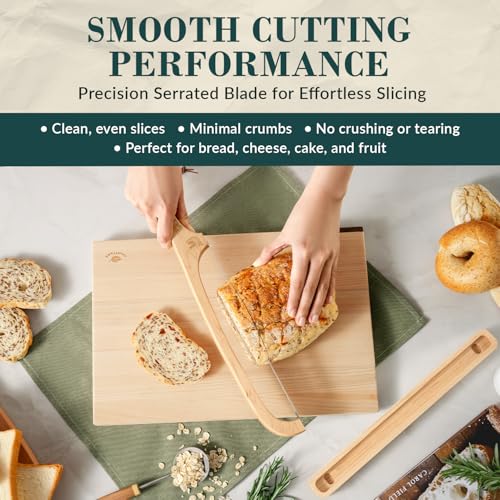 Bread Knife with Wooden Tray, 16.5" Serrated Sourdough Bread Knife, Premium Bow Bread Slicer for Homemade Bread, Bagels & Loaf, Stainless Steel Cutter (Birch, Narrow-Spacing) - color: Birch-Narrow