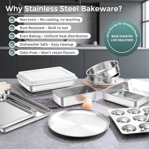 E-far 12-Piece Bakeware Sets, Stainless Steel Baking Pan Set Includes Cookie Sheet, Round Square Rectangle Cake Pans with Lids, Multi-Functional for Loaf Muffin Pizza, Non-toxic & Dishwasher Safe - size: 12-Piece Set