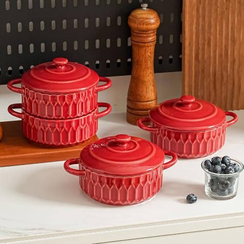 Mini Cocotte Set of 4, 14 oz Ceramic Casserole Dishes with Lids - color: Cherry Red