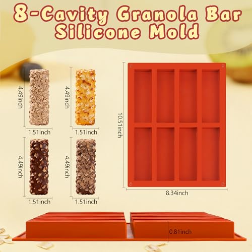 3Pcs Silicone Granola Bar Mold, 8-Cavity Rectangle Protein Bar Mold Silicone Baking Molds for Protein Bar, Non-stick Candy Chocolate Bar Mold for Chocolate Bars,Butter, Cereal, Energy Bars