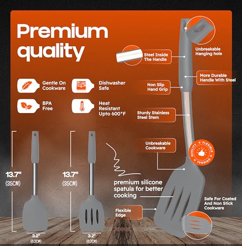 BakeRoyal Silicone Spatula Set - Turner Spatulas Silicone Heat Resistant 600°F - Slotted & Solid Spatula for Cooking Fish, Eggs, Pancakes Flipper – Spatulas for kitchen use – Gray - color: Gray