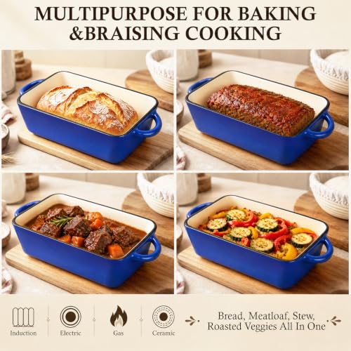 2-in-1 Enameled Cast Iron Dutch Oven for Bread Baking, Loaf Pans with Lid - style: Blue 2-in-1 5 Qt