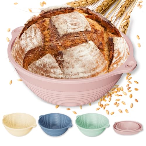 4Pcs 9" Silicone Banneton Bread Proofing Baskets with Dual Handles - color: Pink,Beige,Blue,Green - 9'' Round