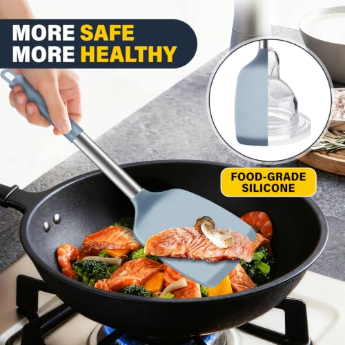2 Pack Silicone Spatula Set, Solid & Slotted Turner for Non-Stick Pans - color: Blue