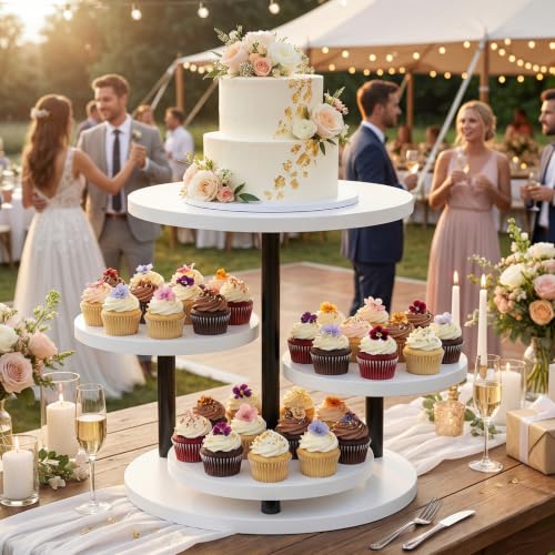 Dessert Stands for 50 Cupcakes 360°Rotating Wood Cupcake Stands Wedding Cake Stand 4 Tiered Cookie Serving Trays for Party Birthday Baby shower Afternoon Tea Dessert Table, White - color: White