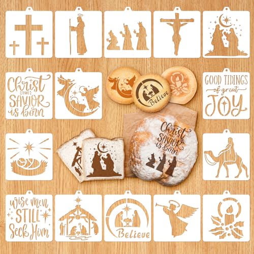 Whaline 15 Pcs Jesus’ Birth Bread Stencils Painting Stencils Christmas Nativity Christ Decorative Cake Baking Templates with Bead Chain for Xmas Holiday Party DIY Craft, 4.7 x 5.1 Inch - style: Nativity