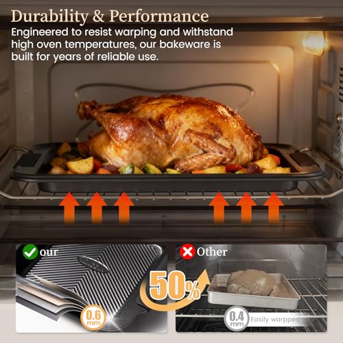 Kikcoin 25-Piece Nonstick Baking Pans Set with Large Turkey Roasting Pan, Stackable Ceramic Bakeware Set, 450°F Oven Safe Baking Sheet Set with Silicone Handles, Cookie Sheets for Baking, Black - color: Black