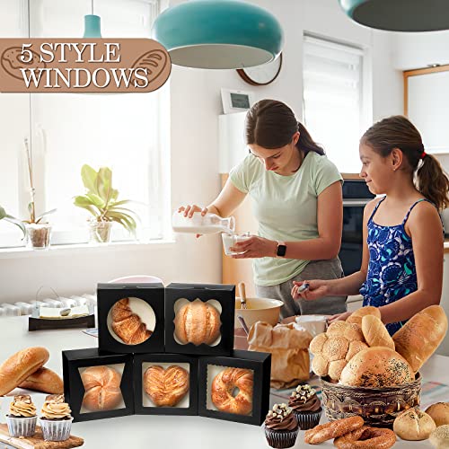 KPOSIYA 65PCS Bakery Boxes with Window 6x6x3 Inches 5 Style Cookie Boxes Small Pastry Boxes for Candy, Dessert, Pastry, Donuts, Birthday Party, Wedding(Black) - color: Black