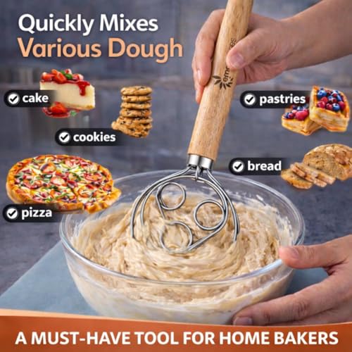 Danish Dough Whisk for Sourdough – Thick Stainless Steel Dutch Whisk with Ergonomic Oak Handle – Heavy-Duty Dough Mixer for Bread & Baking - size: Triple Loop