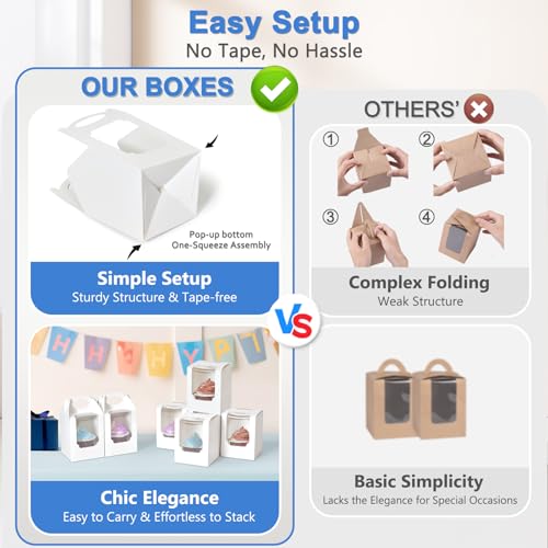 Cupcake Boxes 12 pcs, Individual Cupcake Containers White with Window Insert and Handle, Pastry Box Single Muffins Holder Disposable for Bakery Wrapping Party Favor Packaging - color: White, size: 12
