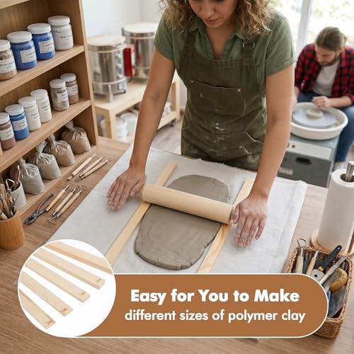 12 Pcs Pottery Tools Set with Clay Rolling Pin, Wooden Rolling Pin for Pottery Wheel, 10 Teaching Mud Stick Guides, Linen Tablecloth for Ceramic Craft, Portable Wedging Board Alternative