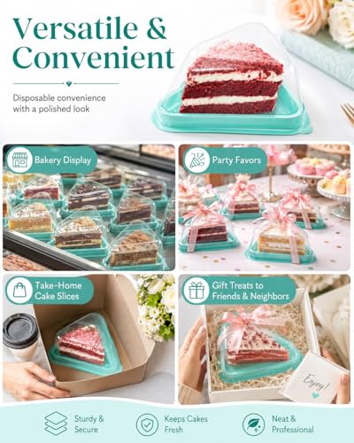 50 Pack Cake Slice Containers with Pink Base & Clear Lids - Disposable Triangle Cheesecake Boxes for Pie, Dessert, Pastry - Individual Plastic Slice Holders with Stickers (Green) - color: Green