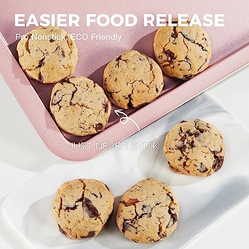 HONGBAKE Baking Sheet Pan Set, Cookie Sheet for Oven, Nonstick Bakeware Sets with Wider Grips, 3 Pack Half/Jelly Roll/Quarter Baking Tray, Premium, Dishwasher Safe-Pink - color: Pink