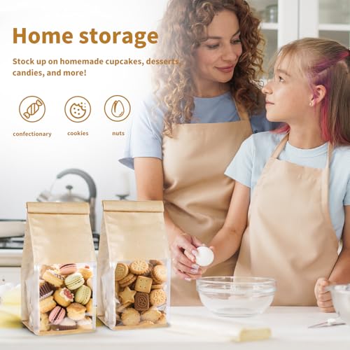 100Pack Kraft Bread Bags with Window and Tin Tie, 3.9 x 3.5 x 9.5 in - color: Brown