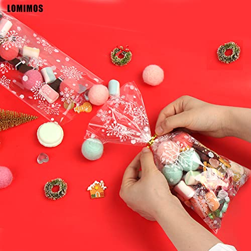 LOMIMOS 120pcs Christmas Cellophane Treat Bags,Clear Plastic Candy Cookie Packing Bags with Twist Ties for Winter Holiday New Year Xmas Party Supplies(Snowflakes) - size: 5x11 Inch (Pack of 120)