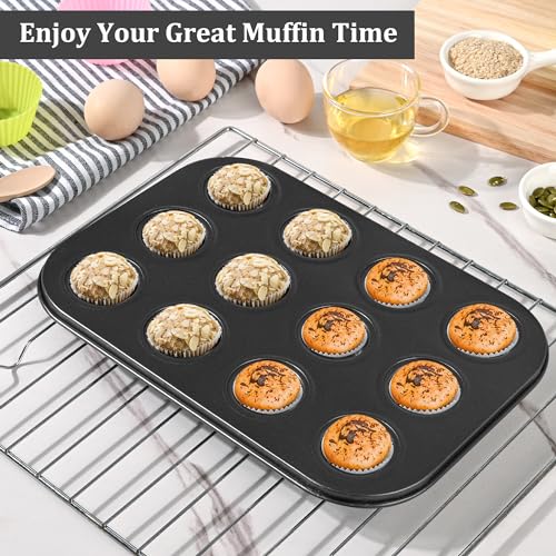 Mini Muffin Pan, Premium Small Cupcake Pans, Carbon Steel 12-Cup Muffin Tin, Versatile Non-Stick Bakeware - color: Black