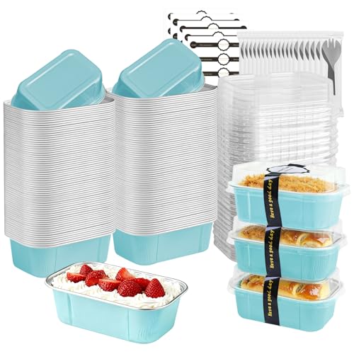 Mini Loaf Pans With Lids And Spoons 50 Pack,5.5 Oz Rectangle Mini Individual Cake Tins Disposable Small Aluminum Foil Baking Pans(50, Wathet) - color: Wathet