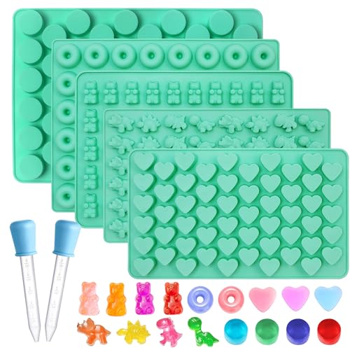 7Pcs Gummy Bear Molds Silicone, Nonstick Gummy Molds Includes Bear, 55 Cavity Round Molds, Dinosaur, Heart, Donut, Gummy Candy Chocolate Molds for Kids with 2 Droppers for Convenient Filling - color: 5 Set with Gummy Round
