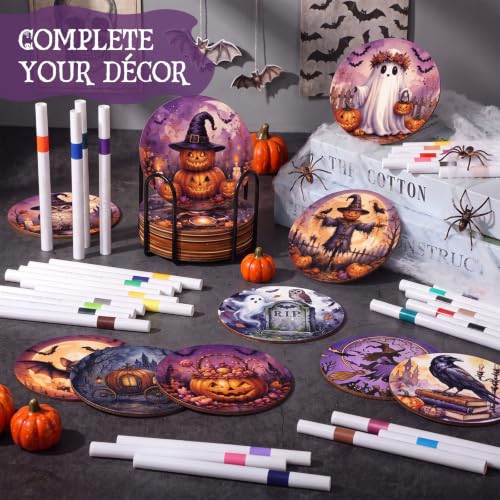 Reallnaive 77 Pcs Wooden Coasters Paint Kit, Halloween - style: Halloween