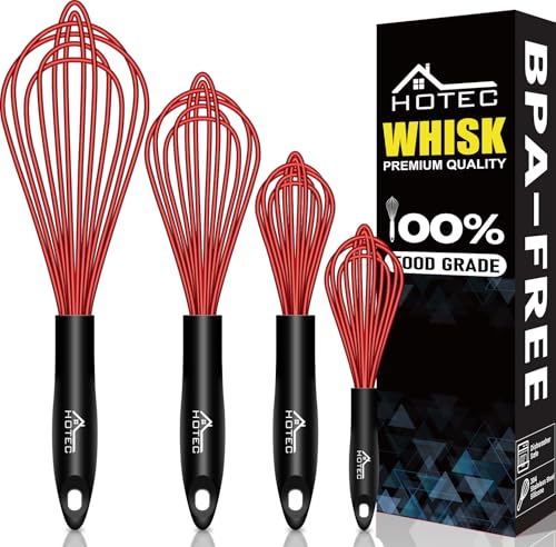 HOTEC 4Pcs Silicone Whisk Set, Wire Balloon Whisks for Cooking Egg Beater - color: Red