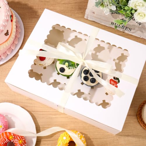 Whaline 6 Sets Mini Cupcake Holder Boxes 12-Count White Bakery Cupcake Container with Window Satin Ribbon Sticker for Wedding Birthday Party Supplies