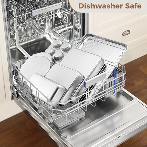 E-far 9-Piece Baking Pan Set, Stainless Steel Bakeware Sets for Sheet Cake Cookie Loaf Muffin, Include Baking Sheet, Round Square Rectangle Baking Pan & Cooling Rack, Dishwasher Safe - size: 9-Piece Set