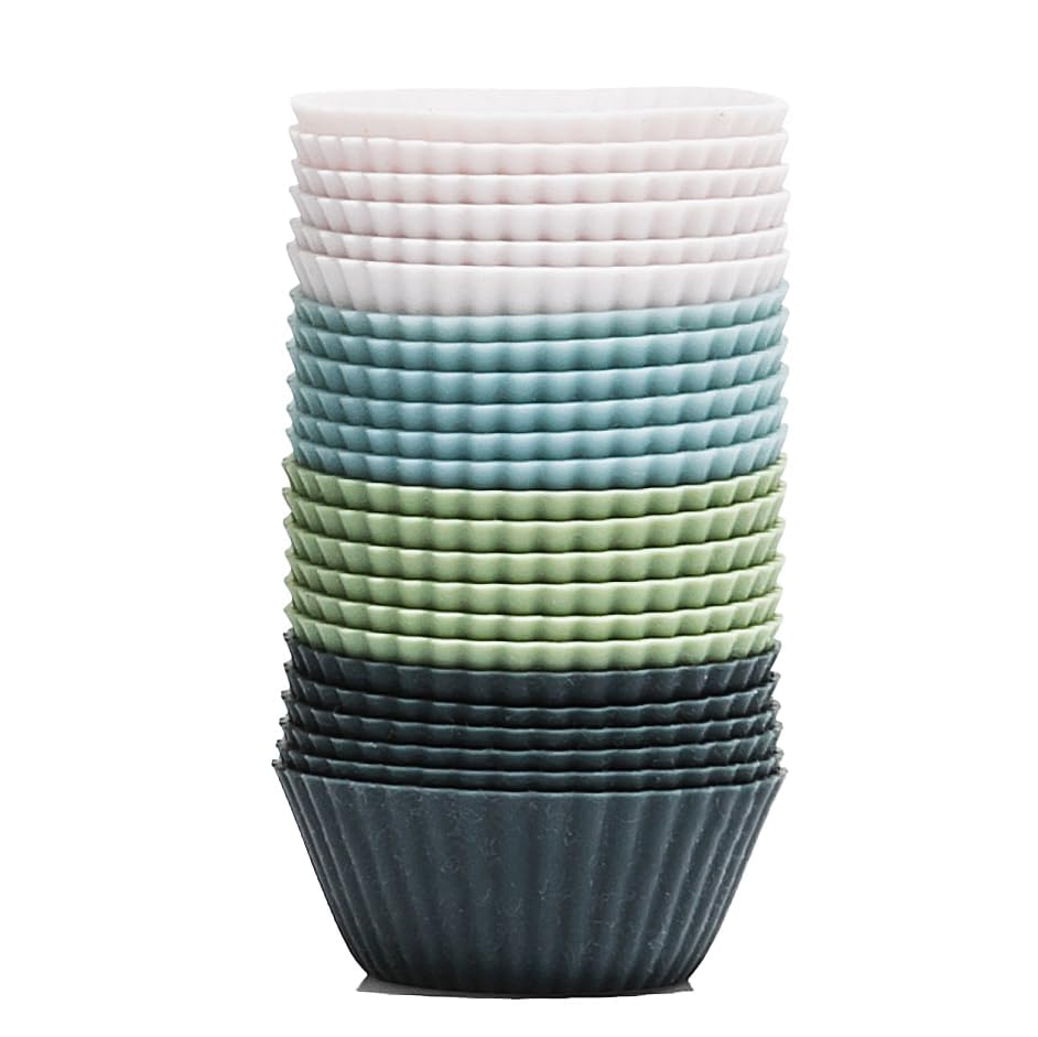 The Silicone Kitchen Reusable Mini Silicone Baking Cup, Non-Toxic, BPA Free, Dishwasher Safe, Mini, 24 Pack, White Blue Green - size: Mini