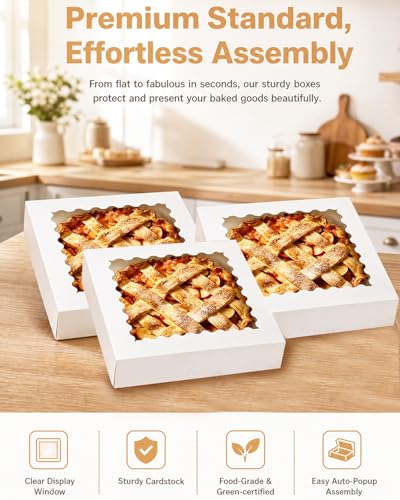 Bakepacker Auto-pop Up White Pie Boxes With Window 12x12x3'' - color: White, size: 12x12x3, 10Pcs