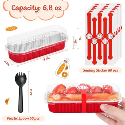 selizo 60 Pack 6.8oz Mini Loaf Baking Cake Pans with Lids, Rectangle Disposable Aluminum Foil Loaf Baking Pans, Small Baking Cake Tins Cup Cake Containers for Individual Cakes - color: Red
