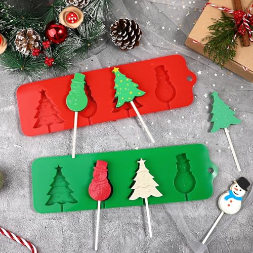 Webake Christmas Lollipop Molds with Tree and Snowman Shapes, Silicone Chocolate Candy Sucker Mold with Sticks, Pack of 2