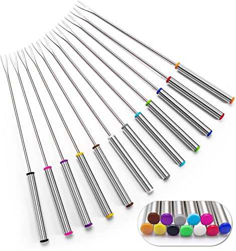Set of 12 Stainless Steel Fondue Forks 9.5", Color Coded Cheese Fondue Forks Smores Sticks with Heat Resistant Handle for Chocolate Fountain Cheese Roast Marshmallows Dessert Fruits - size: 12-Forks