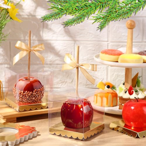 Weysat 100 Pcs Candy Apple Boxes, Gold Base Clear PET with Hole Top - color: Gold