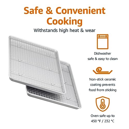 Amazon Basics Ceramic Nonstick Baking Sheets & Cooling Rack Set, Dishwasher Safe, Oven Safe, Half Sheet Size, Gray, 2-Pack - size: Half Sheet - 2 Pack