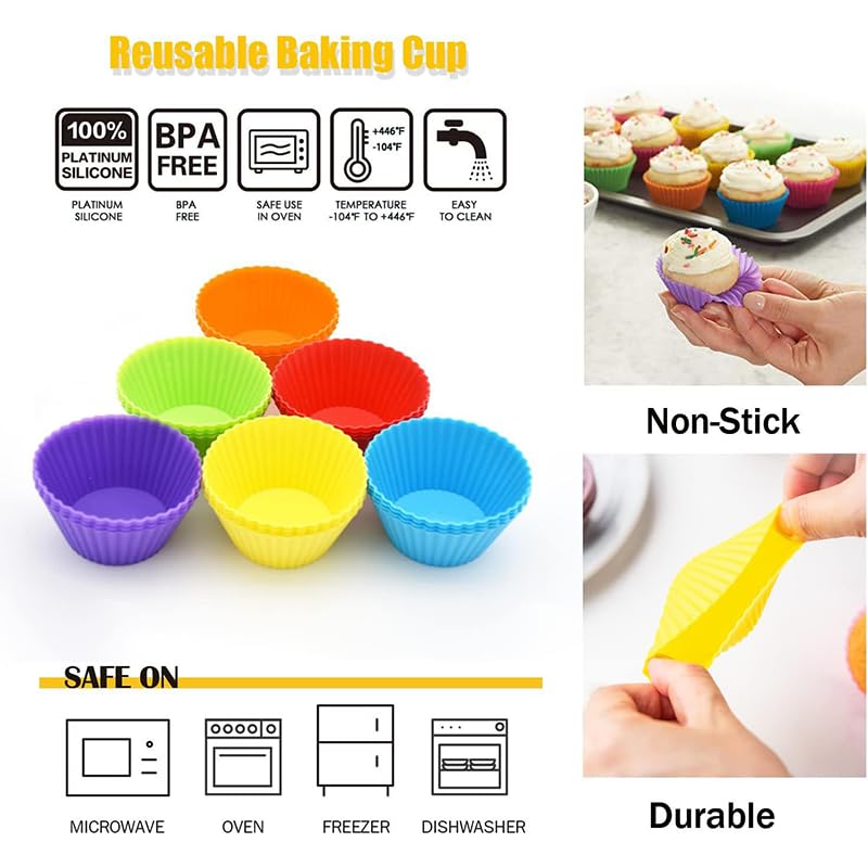 12 Pack Reusable Silicone Baking Cups Set(2.8" Lx1.4" H), Non-stick Muffin Liners, Easy To Clean & Heat-resistant Muffin Molds for Party Birthday Halloween Christmas(Multicolor)