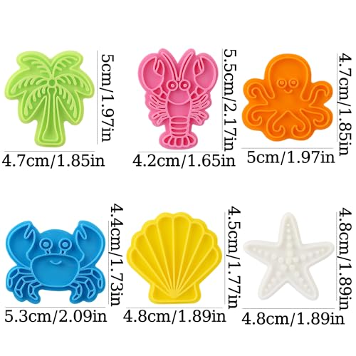 6Pcs Summer Ocean Animal Cookie Cutters Stamp 3D Crab Octopus Seashell Starfish Palm Tree Crawfish Cookie Cutter Shapes Plastic Cookies Molds for Baking Cute Fondant Cutters Beach Cookies Mold