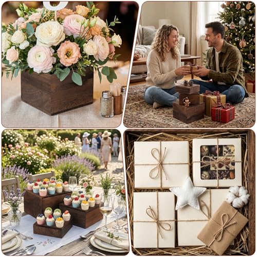 Kenaoeoe 3 PCS Wood Cake Stand Rustic Stackable Square Risers Display Stands for Dessert Table Wedding Party Buffet Food Presentation