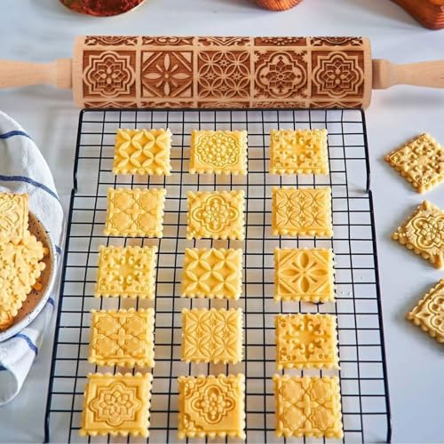 Christmas Embossed Rolling Pin for Baking Cookies Embossing Rolling Pins with Design Wooden Engraved Springerle Roller Pin Dough Patterned Clay Pottery Ceramic Bakers Women (Vintage Square Patterns) - color: Vintage