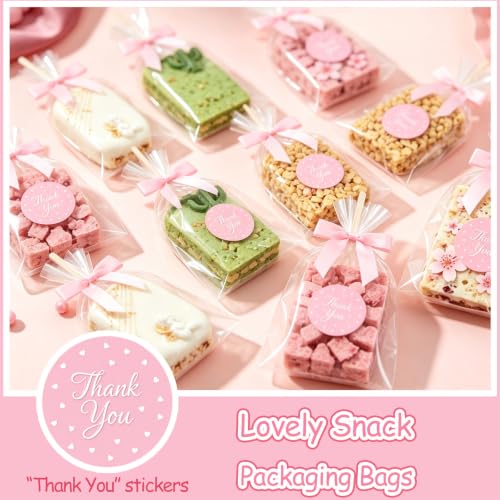 100 Sets Clear Rice Krispie Treat Bags with Pink Bow Ties, Thank You Stickers and Sticks, 4x6in Rice Crispy Treat Bags Flat Cellophane Bags for Individually Wrapped Rice Crispy Cake Pops Cookie Candy Chocolate